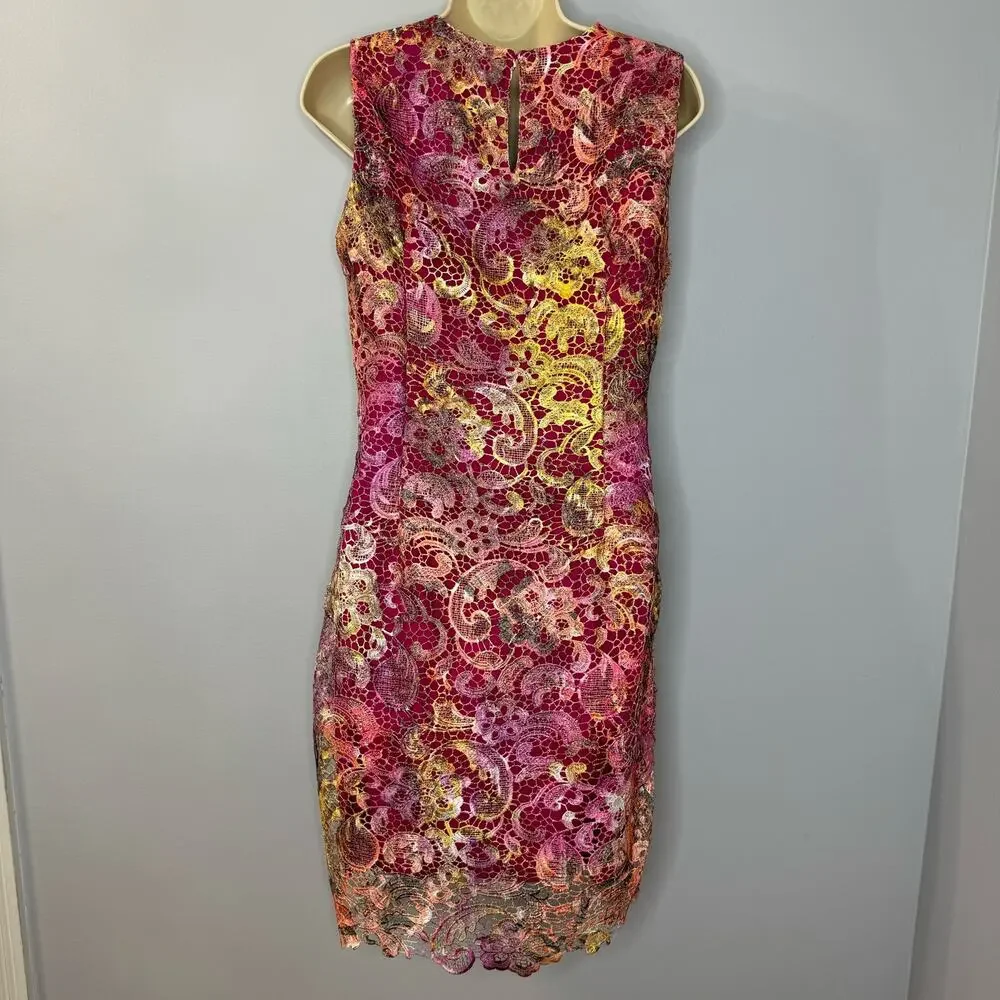 Belle Badgley Mischka Lace Pink Floral Ombre Dress Women's 8 - Picture 9 of 13